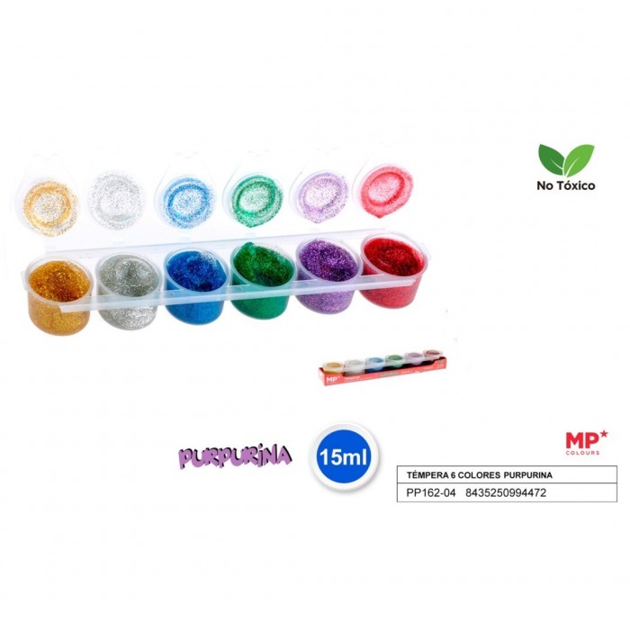 Set de 6 témperas colores con purpurina